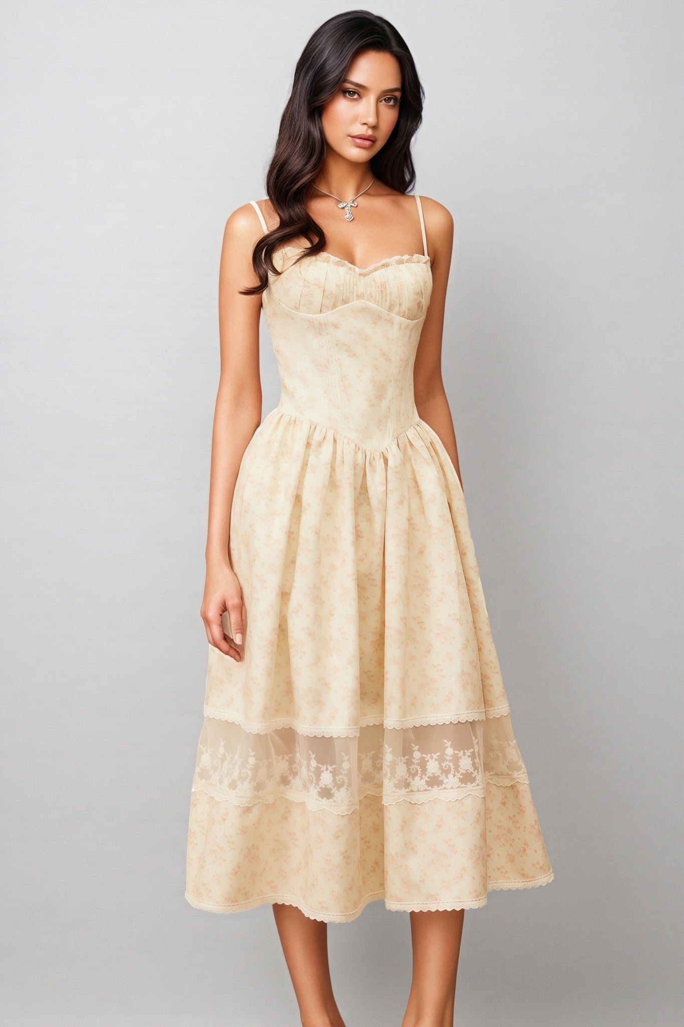 Adrienne Neutral Lace Trim Midi Dress