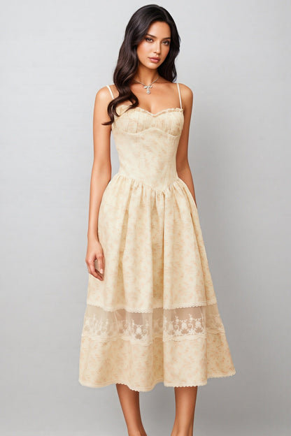 Adrienne Neutral Lace Trim Midi Dress