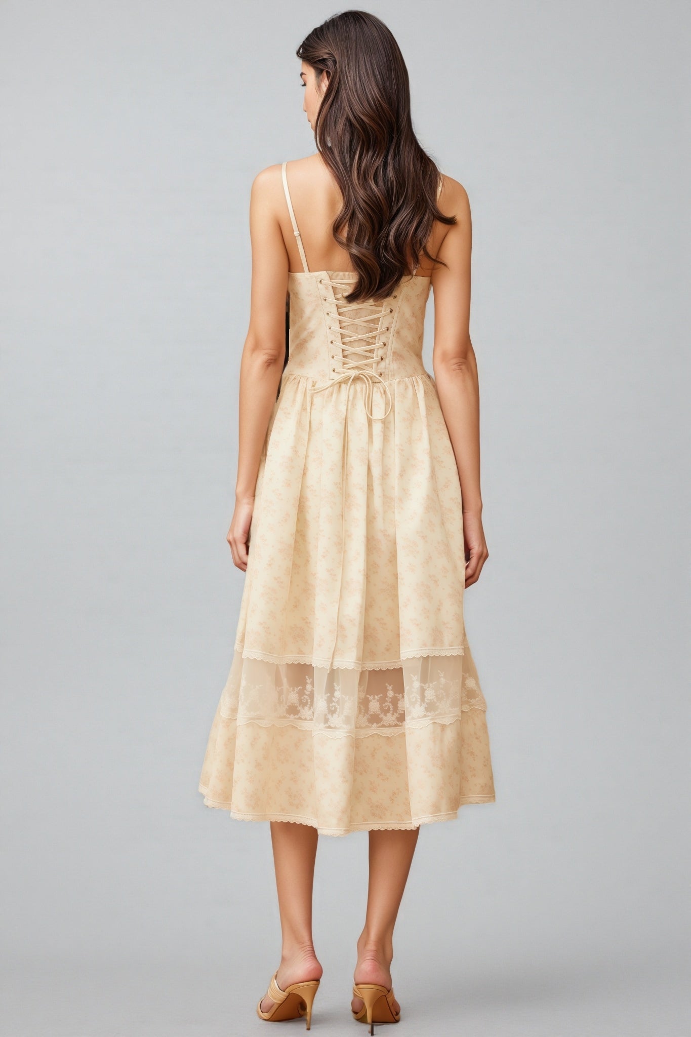 Adrienne Neutral Lace Trim Midi Dress