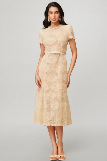 Aurore White Embellished Lace Midi Dress