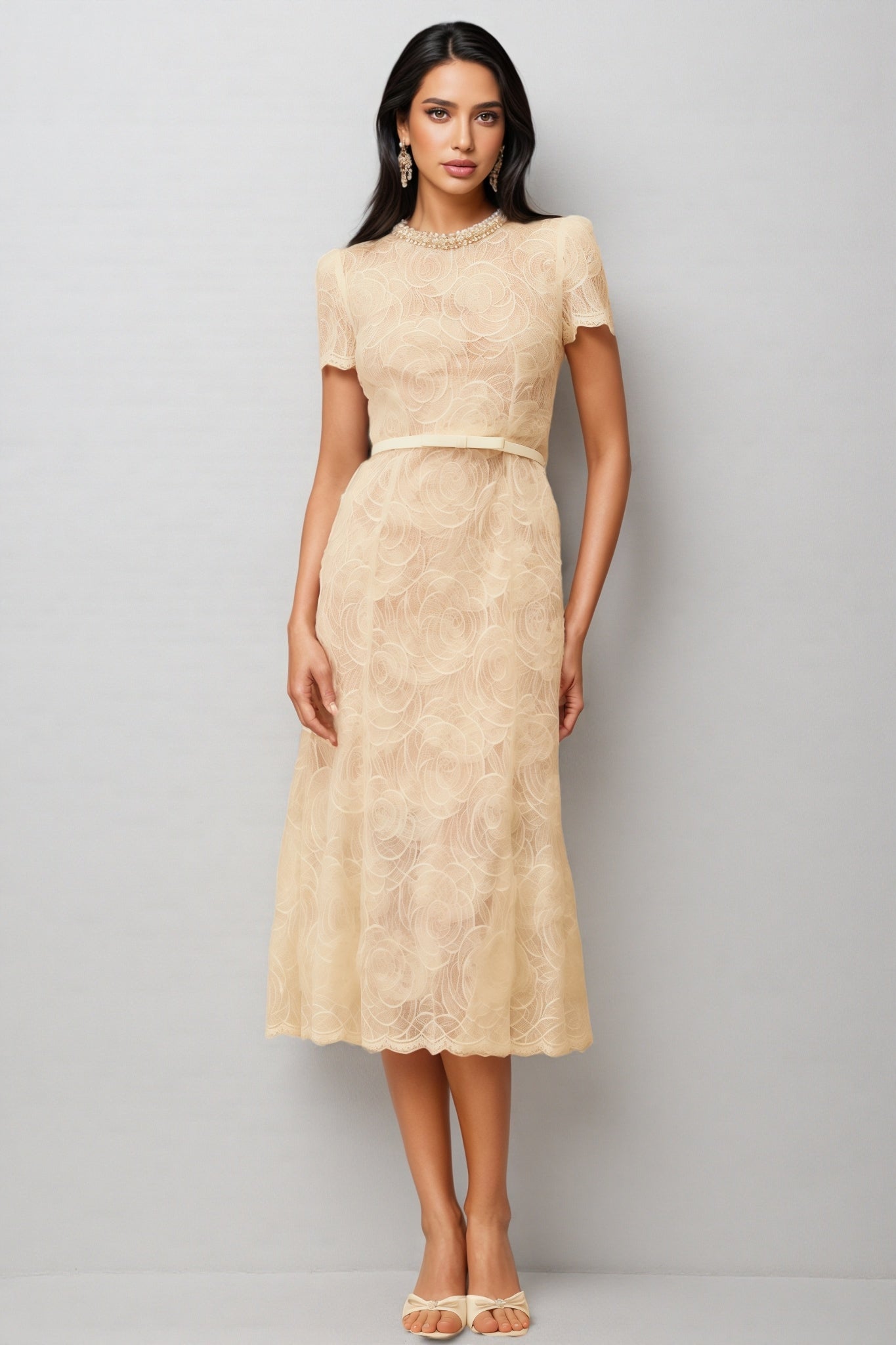 Aurore White Embellished Lace Midi Dress