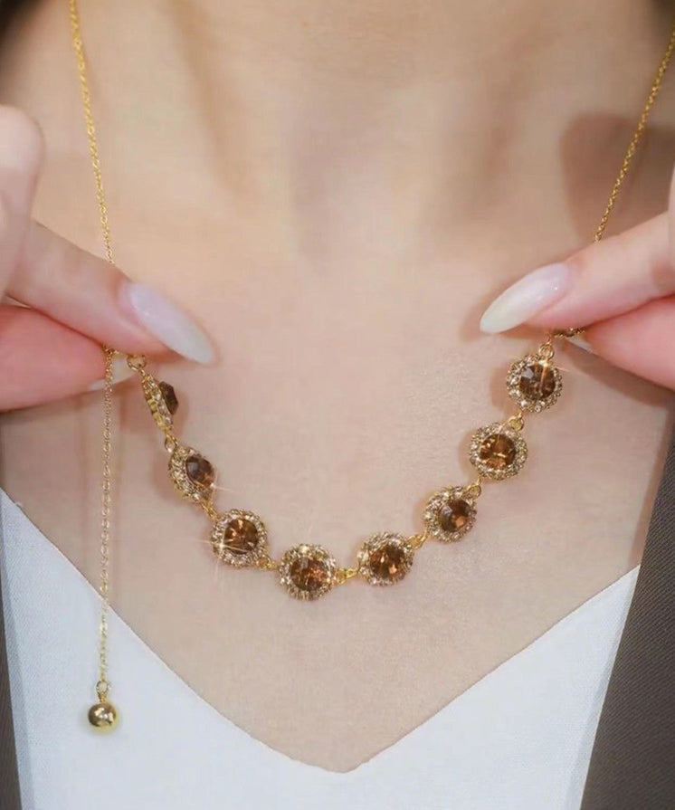Coffee Alloy Zircon Crystal Pull Type Lariat Necklace