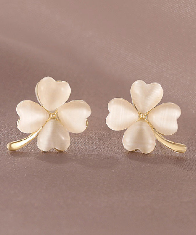 New Gold Copper Alloy Clover Cat's Eye Stone Stud Earrings