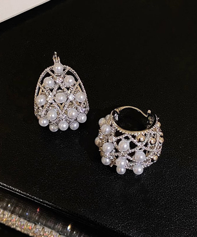 New Silk Copper Alloy Hollow Out Pearl Hoop Earrings