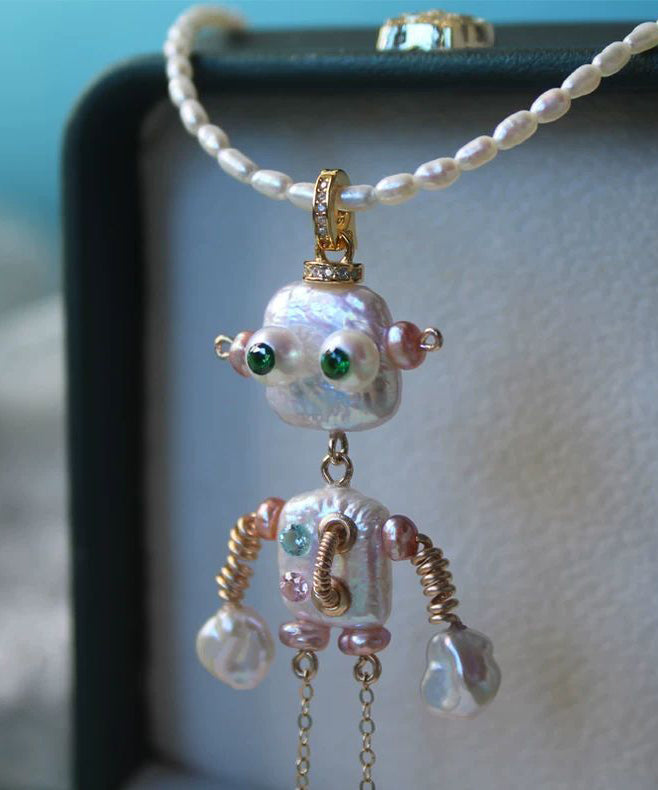 New White Copper Alloy Pearl Robot Pendant Necklace