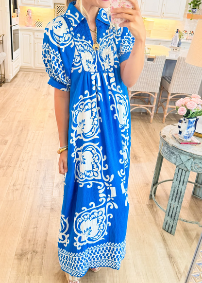 Blue Mixed Print Puff Sleeve Midi Dress