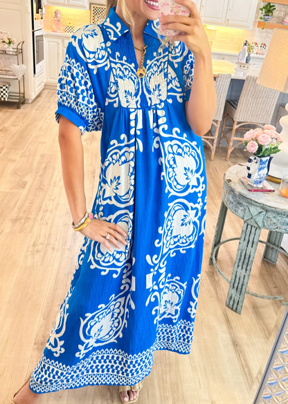 Blue Mixed Print Puff Sleeve Midi Dress