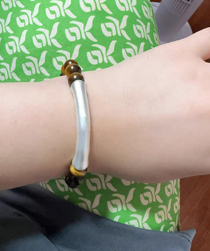 Brown 999 Pure Silver Bend Pipe Patchwork Tiger's Eye Bracelet