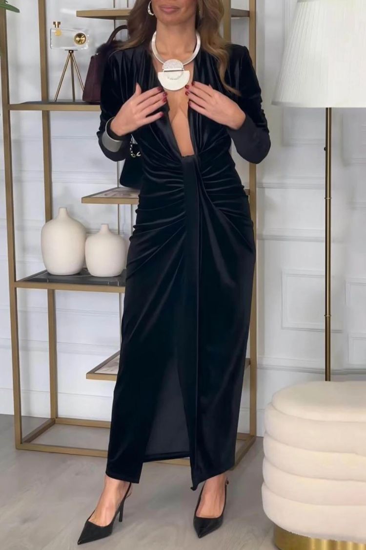 Classic Pleated Deep V Slit Party Maxi Dress