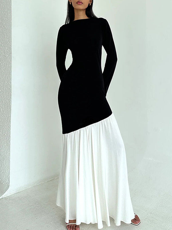 Bodycon High Waisted Contrast Color Pleated Split-joint Round-neck Maxi Dresses