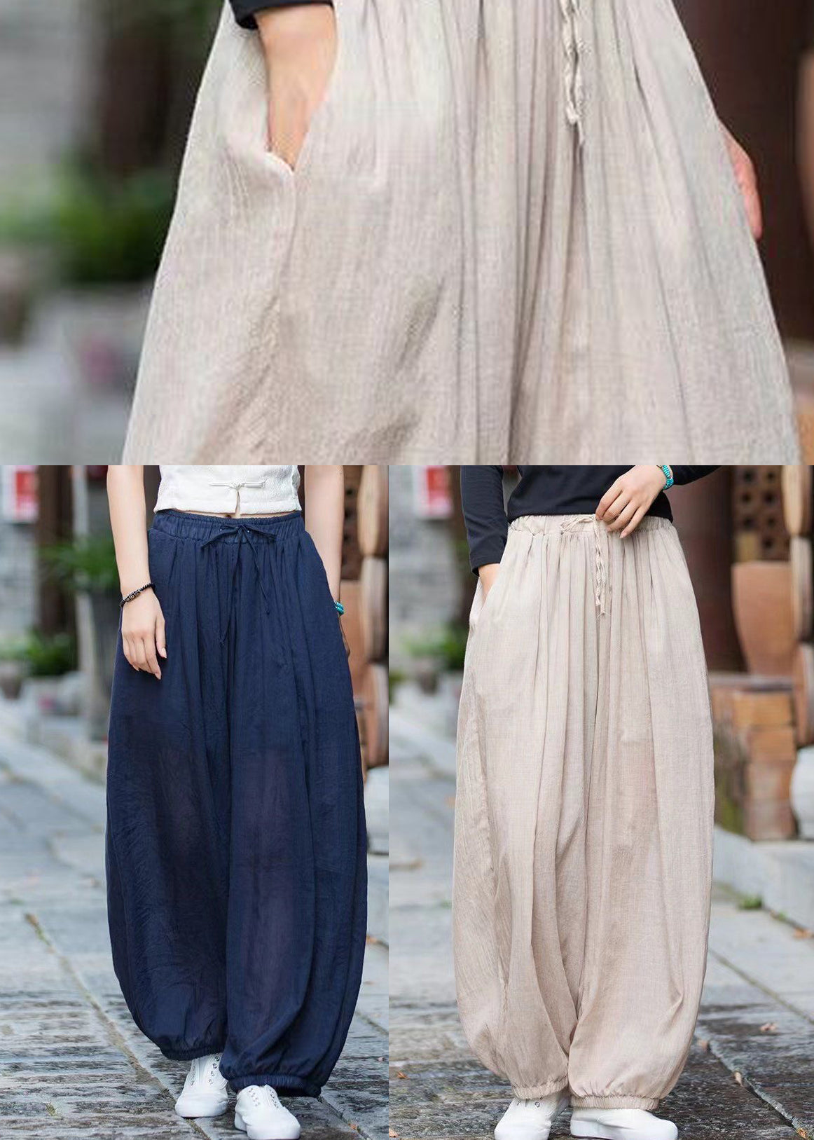 Navy Pockets Elastic Waist Cotton Lantern Pants Summer Qk013
