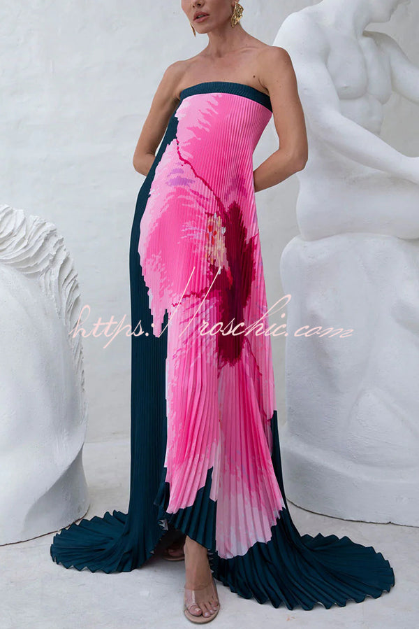 All About Her Pleated Print Off Shoulder A-line Maxi Dress