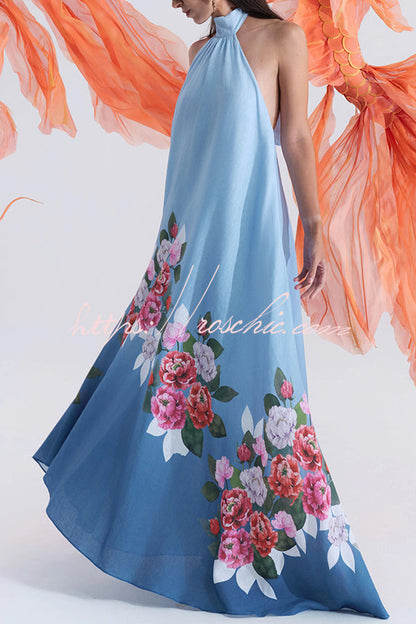 Blooming Flowers Satin Printed A-line Halter Tie-up Maxi Dress