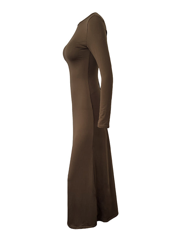 Bodycon Long Sleeves Backless Hollow Color Split-side Round-neck Maxi Dresses