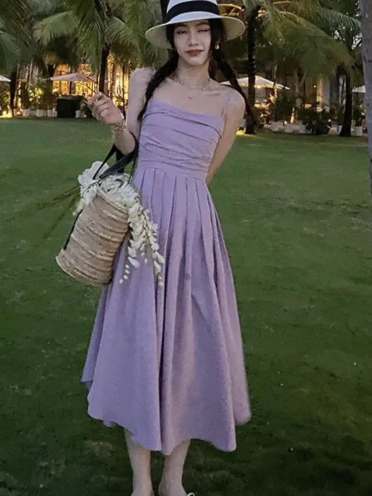 Summer Spaghetti Strap Midi Dress A-line Holiday Beach Style French Korean Slim High Waist Vestido