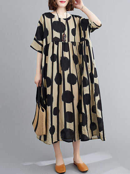Original Polka-dot Split-joint Round-neck Midi Dress