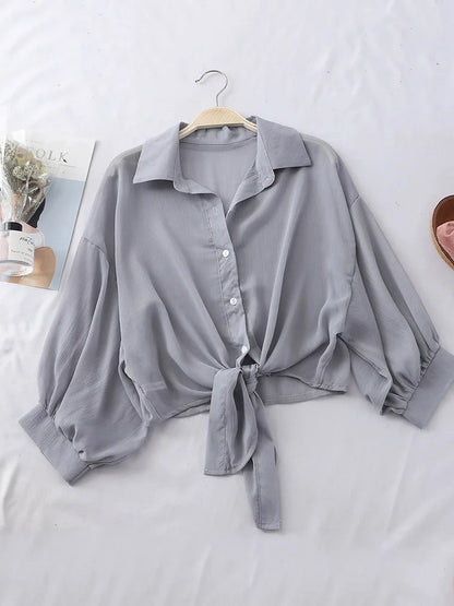 Chiffon Shirts Summer Half Sleeve Buttoned Up Shirt Loose Blouse Tied Waist Blouses for