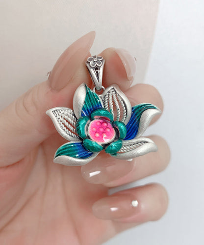 Diy Green Sterling Silver Cloisonne Lotus Hollow Out Pendant Necklace