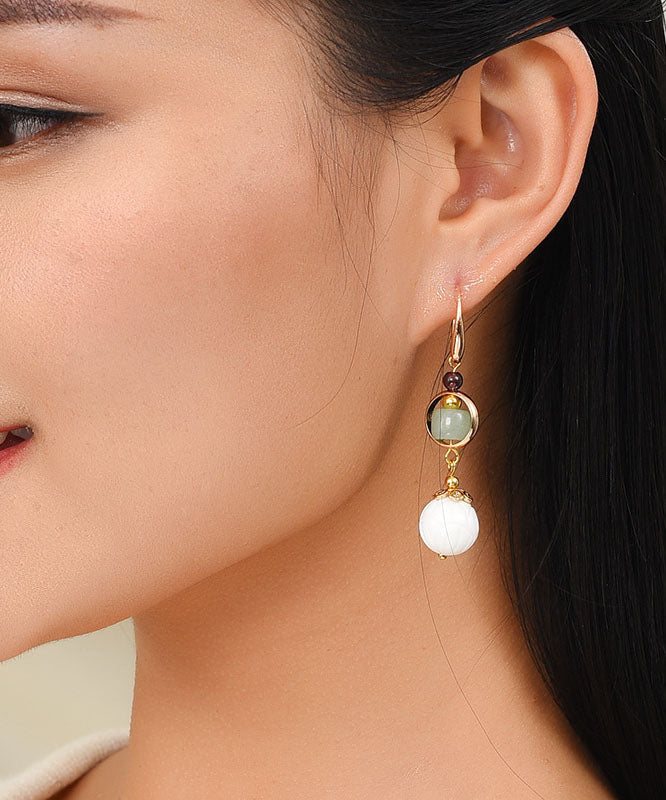 Handmade White Shell Bead Fine Jade 14k Gold Drop Earrings