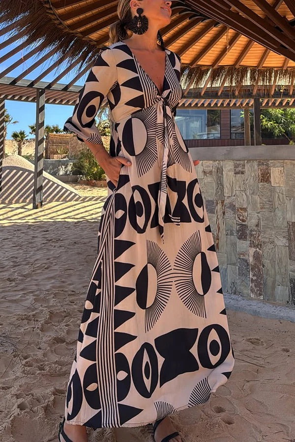 Unique Print V-neck Tie Loose Pocket Maxi Dress