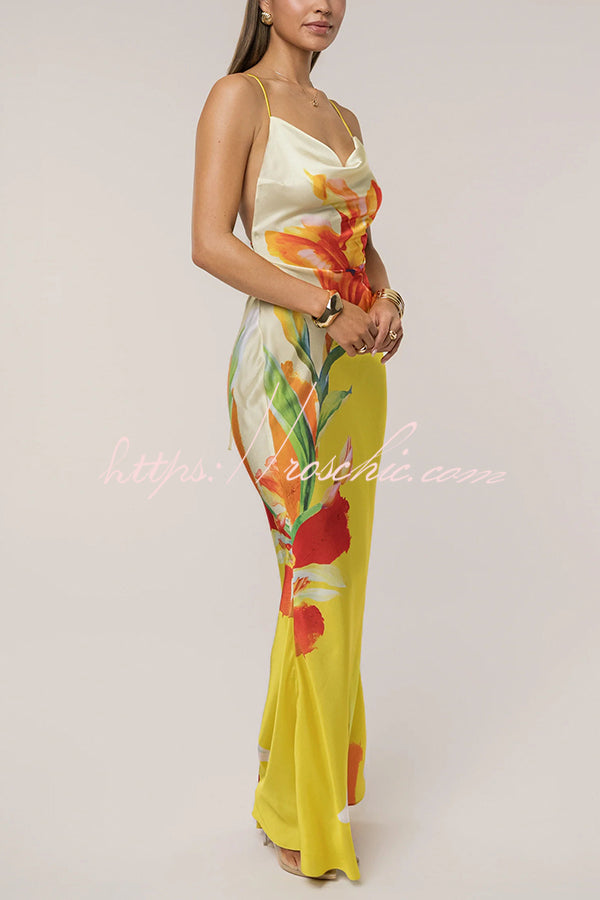 Luisa Satin Print Cowl Neck Open Back Tie-up Maxi Dress