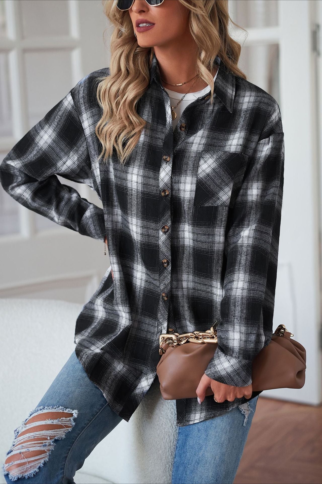 Boyfriend Fit Plaid Collared Blouse