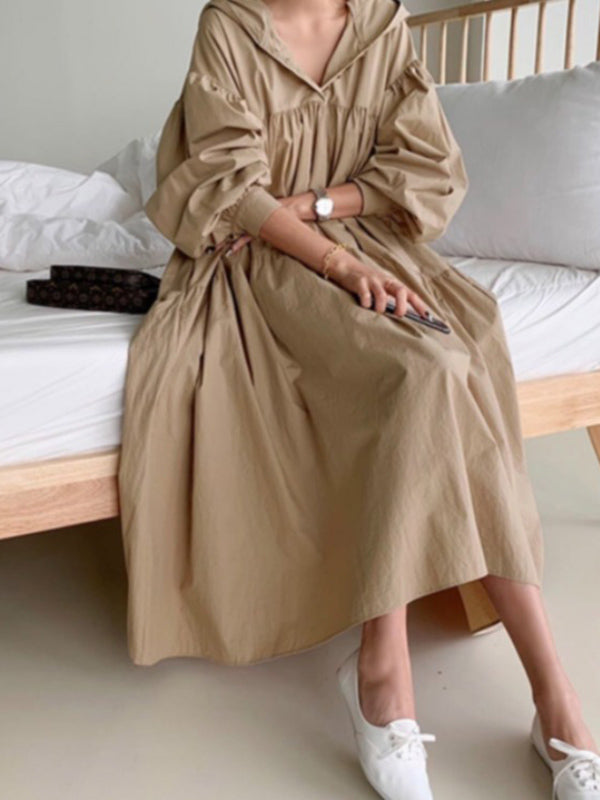 Urban Color Pleated Long Sleeves Hooded Midi Dress