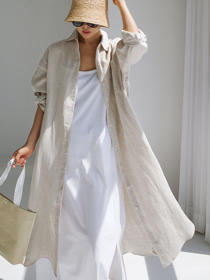 Simple Long Sleeves Split-side Color Lapel Midi Dresses Shirt Dress