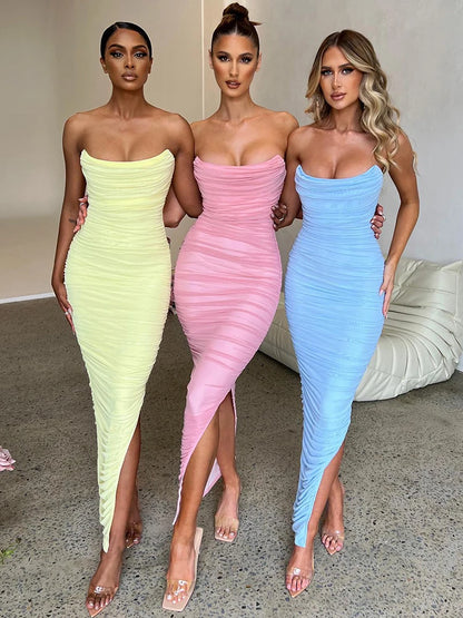 Strapless Mesh Maxi Dress Blue Backless High Slit Ruched Dress Female Autumn Party Club Vestidos