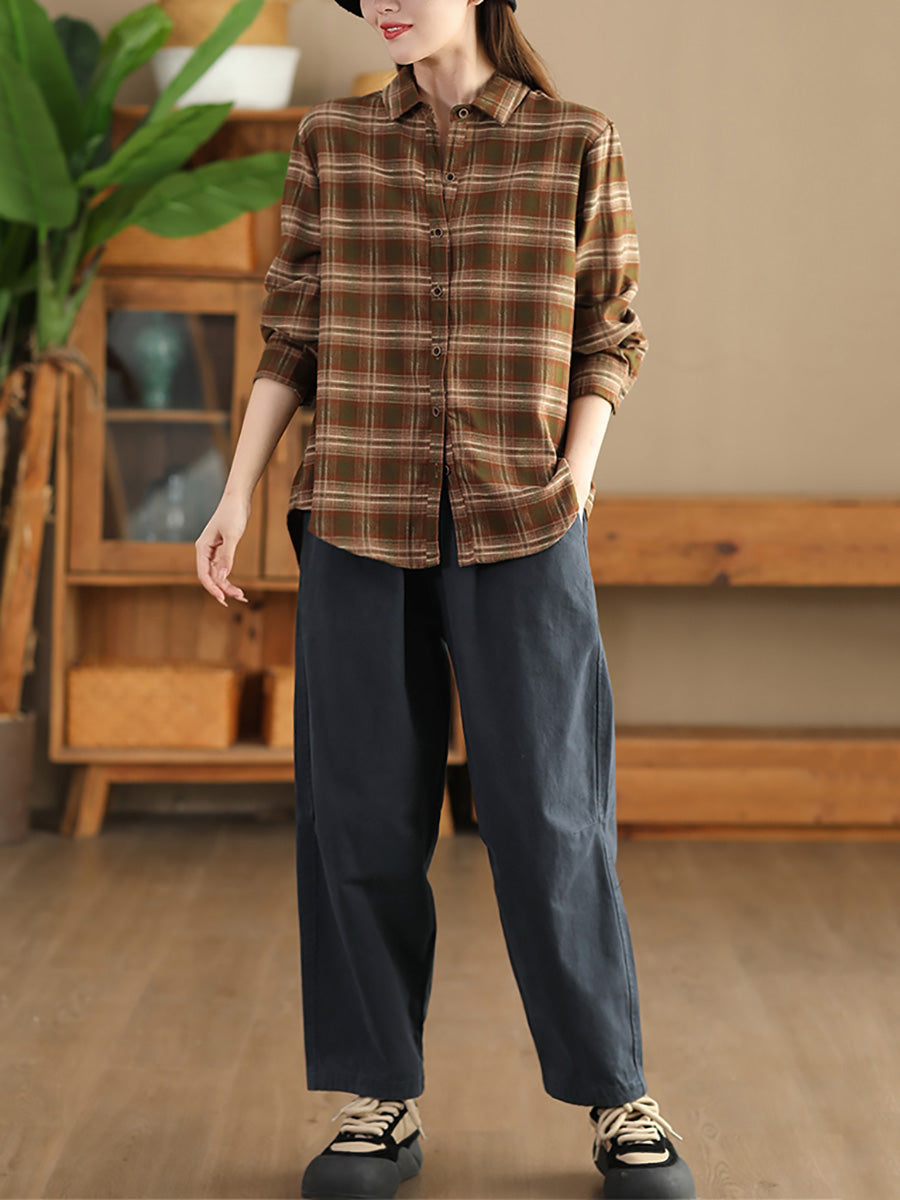 Autumn Plaid Button-up Cotton Blouse Ai1031