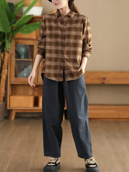 Autumn Plaid Button-up Cotton Blouse Ai1031