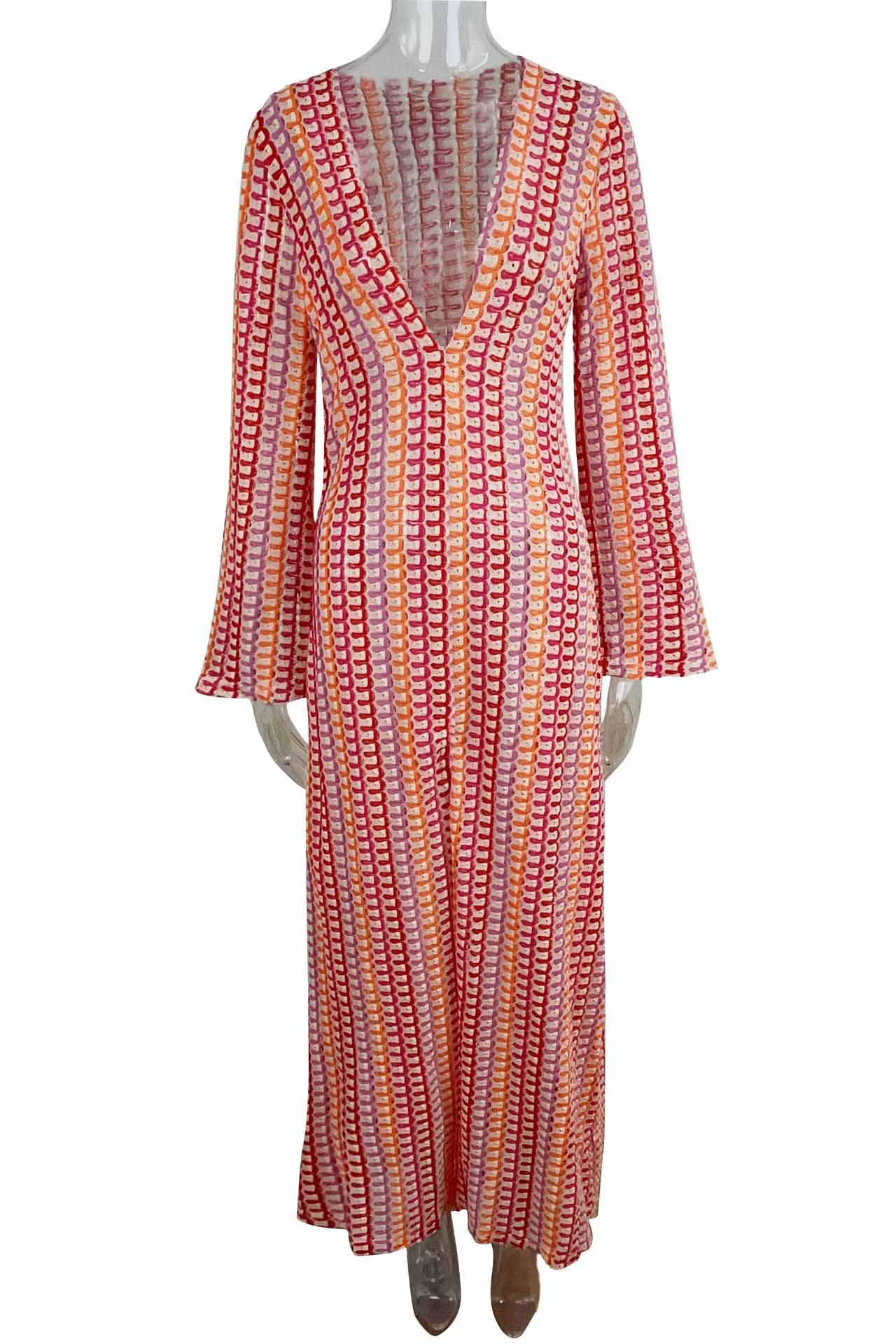 V Neck Bell Sleeve Wavy Striped Crochet Beach Vacation Maxi Dress