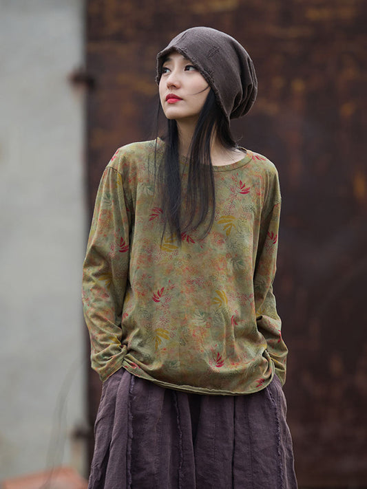 Autumn O-neck Flower Cotton Blouse At1008