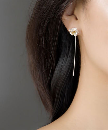Brief Silk Sterling Silver Camellia Flower Tassel Drop Earrings