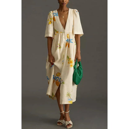 Print Dresses Puff Short Sleeves Single-breasted Beach Vacation Loose Long Dress Summer New Vestidos