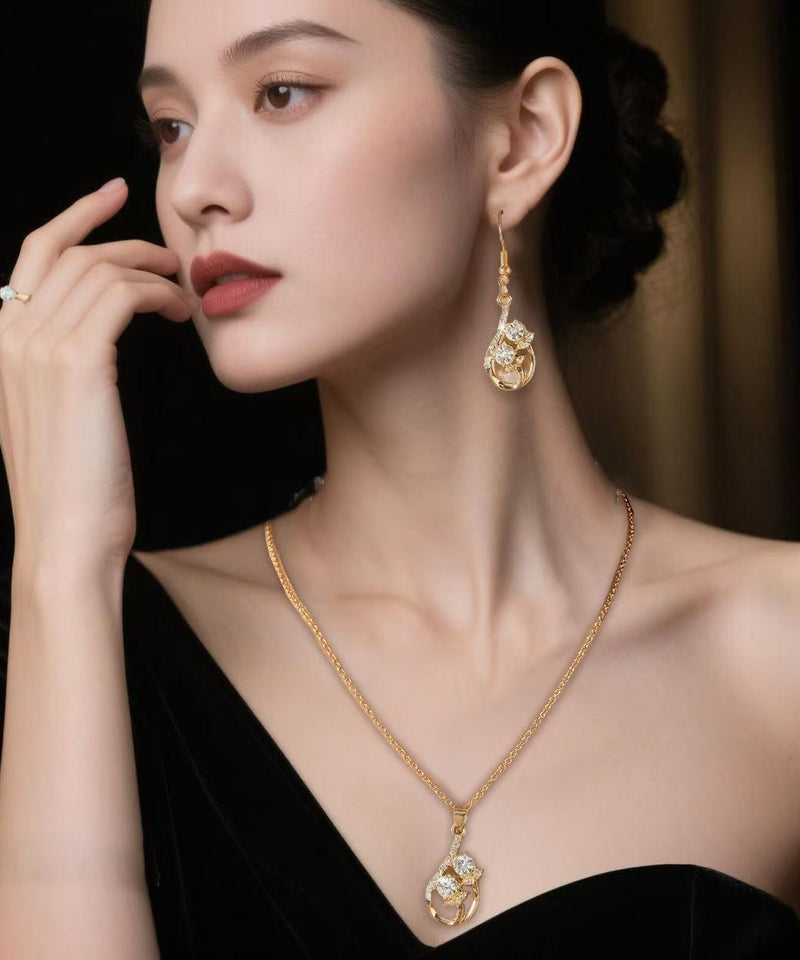 Gold Zircon Drop Earrings ,rings and Pendant Necklace Three-piece Set