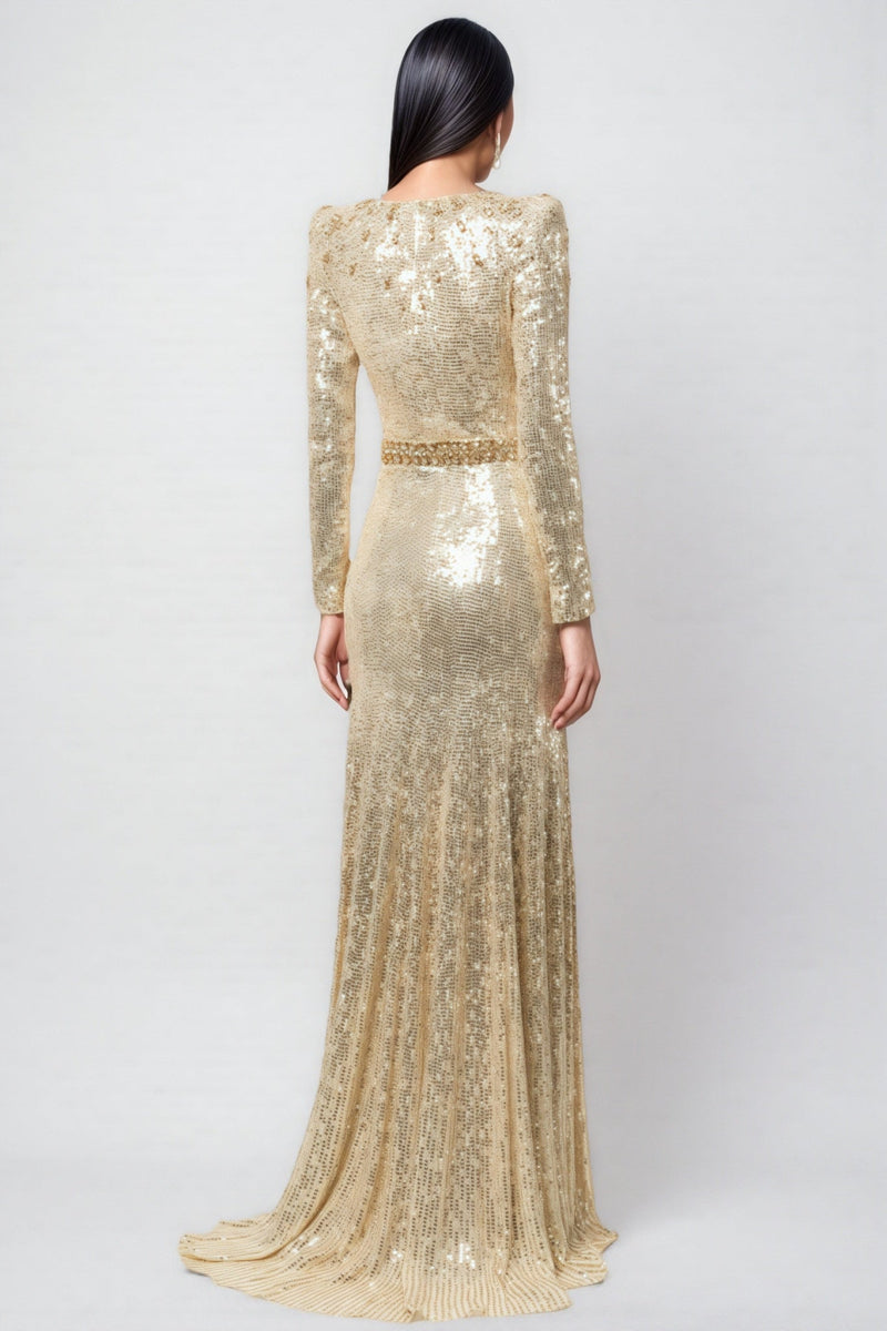 Eaplty Diamond Encrusted Gold Sequin Maxi Dress