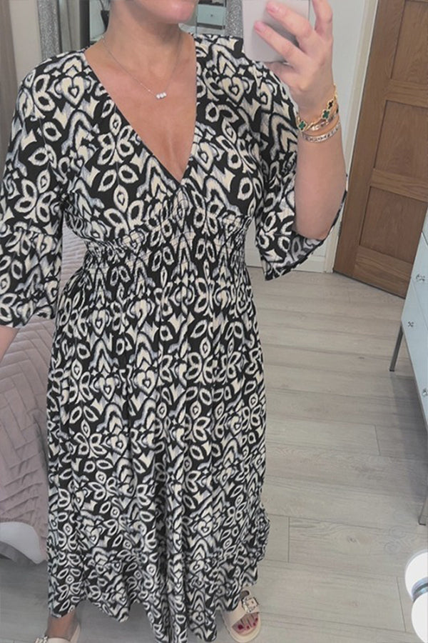 Print V-neck Waist Wrap Long Dress
