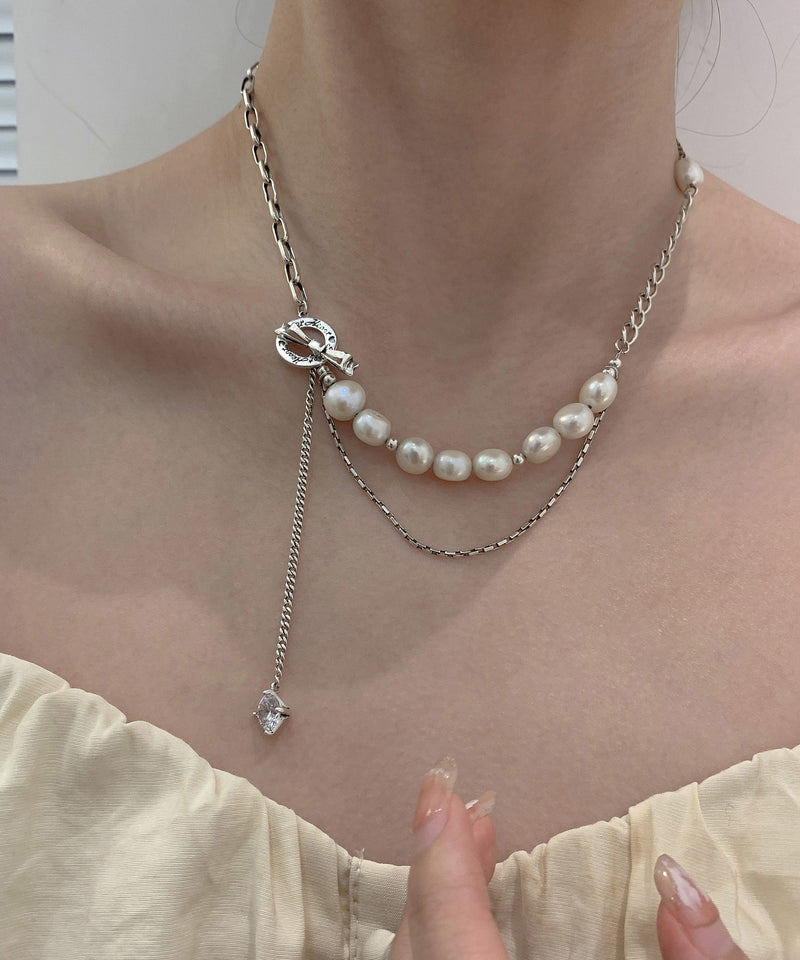 White Stainless Steel Pearl Bow Tassel Sweater Lariat Necklace