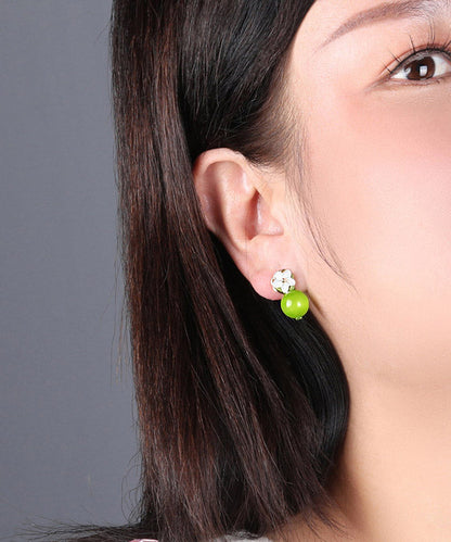 Yellow Green Shell Flower Cymophanite Drop Earrings