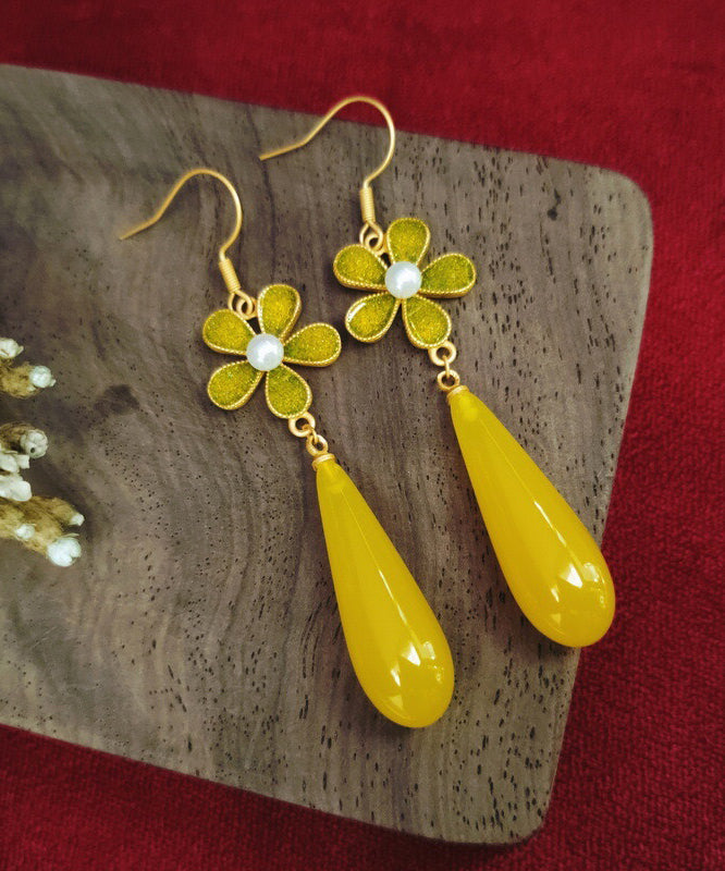 Yellow Sterling Silver Overgild Zircon Pearl Enamel Drop Earrings