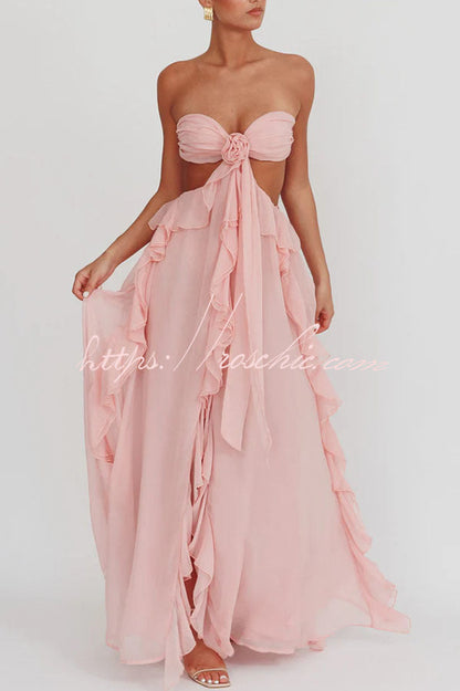 Vacation Halter Rose Detail Cut Out Ruffles Backless Maxi Dress