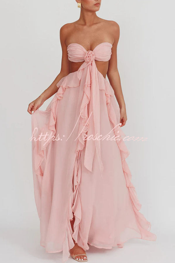 Vacation Halter Rose Detail Cut Out Ruffles Backless Maxi Dress