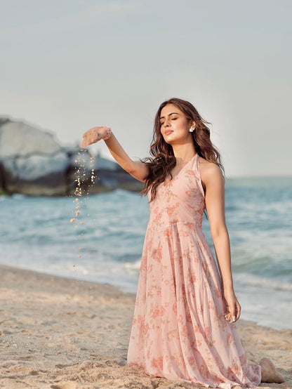 Print V Neck Halter French Midi Dress