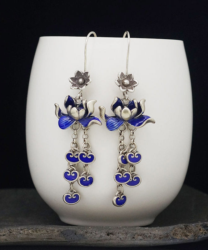 Blue Sterling Silver Cloisonne Lotus Tassel Drop Earrings