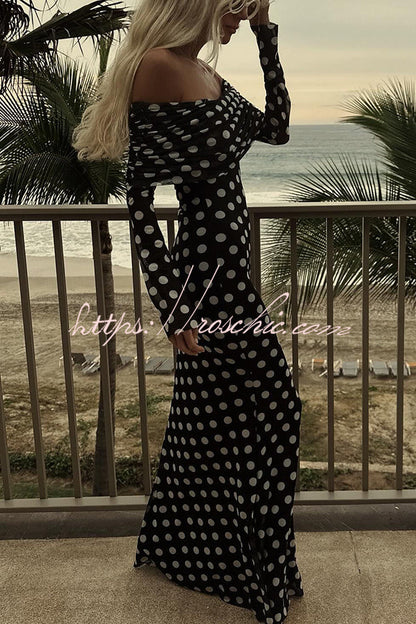 Statement Polka Dot Print Off Shoulder Ruched Stretch Maxi Dress