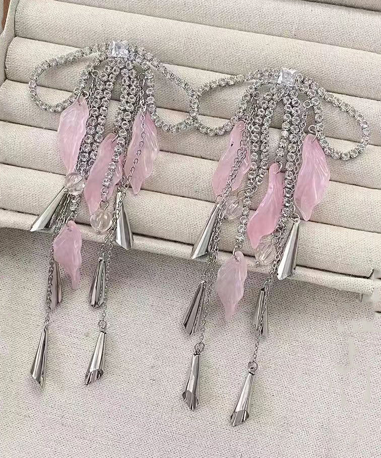 Silk Copper Zircon Acrylic Bow Tassel Drop Earrings