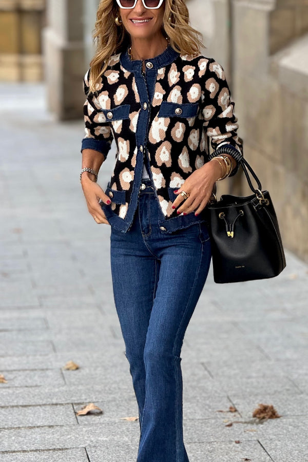 Button Cardigan With Printed Trim
