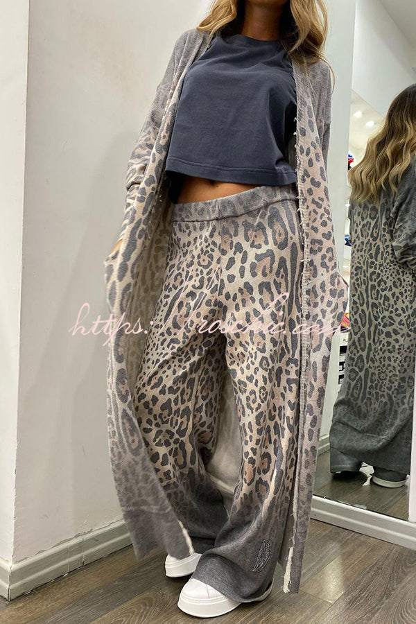 Comfort First Leopard Print Pocket Long Sleeve Cardigan Elastic Waist Pants Set