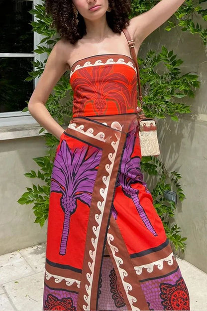 Botanical Print Stretchy Tube Top High Waist Slit Maxi Dress